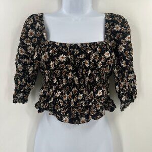Urban Outfitters M Smocked Crop‎ Top Square Neck Floral Puff Sleeve Milkmaid